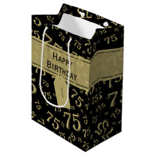 75th Biirthday Random Number Pattern Black/Gold Medium Gift Bag