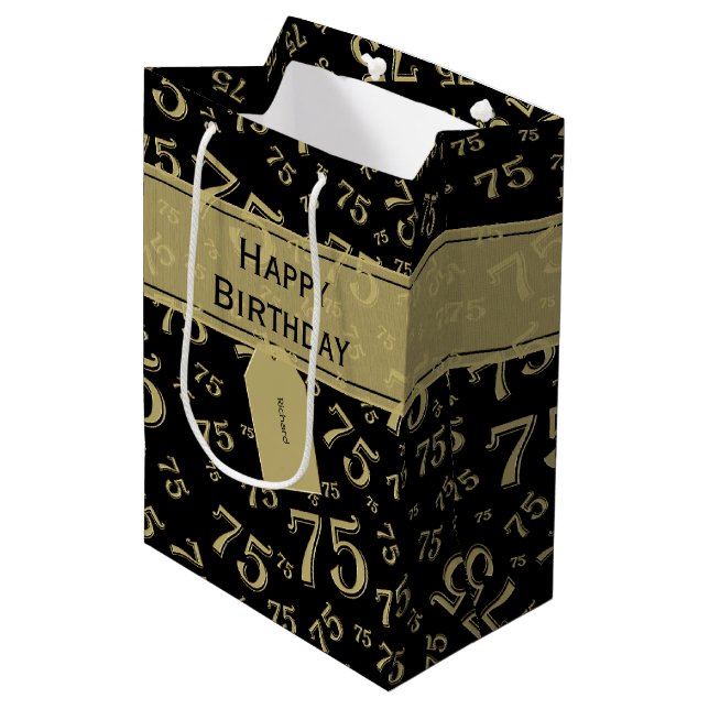 75th Biirthday Random Number Pattern Black/Gold Medium Gift Bag (Front Angled)