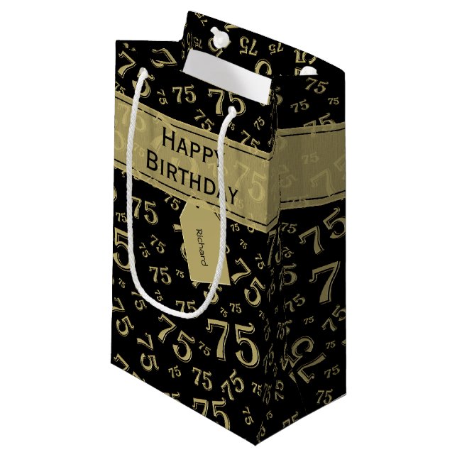 75th Biirthday Random Number Pattern Black/Gold Small Gift Bag (Front Angled)