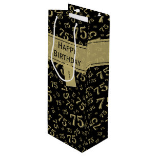 75th Biirthday Random Number Pattern Black/Gold Wine Gift Bag