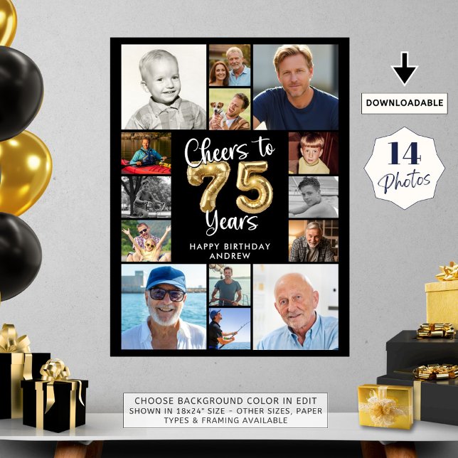 75th Birthday 14 Photo Collage Cheers to 75 Years Poster (Creator Uploaded)