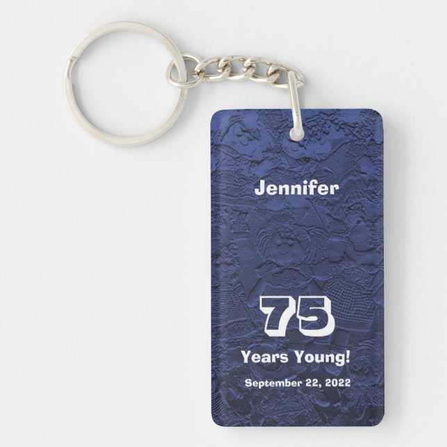 75th Birthday 75 Years Young Blue Dolls Keychain (Front)