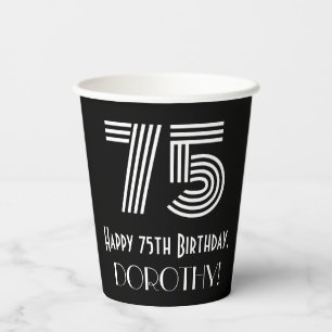 75th Birthday — Art Deco Inspired Look “75” + Name Paper Cups