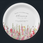 75th Birthday August Birth Flower Party Supplies Paper Plate<br><div class="desc">Perfect table decor for an August birthday party. Pink gladiolus is the birth flower for that month. It forms a pretty watercolor bottom border on this floral personalized plate. The birthday guest of honour's name, age and birthdate are placed above it using elegant calligraphy and typography. All text is editable....</div>