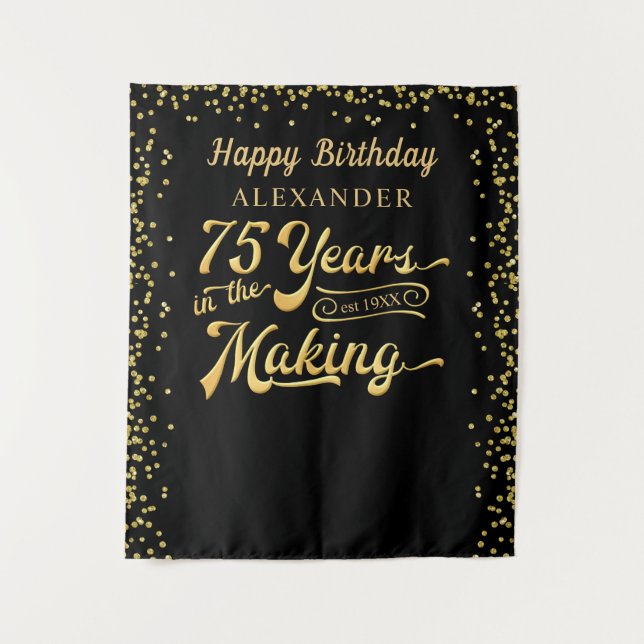 75th Birthday Backdrop Black Gold Confetti Tapestry (Front)