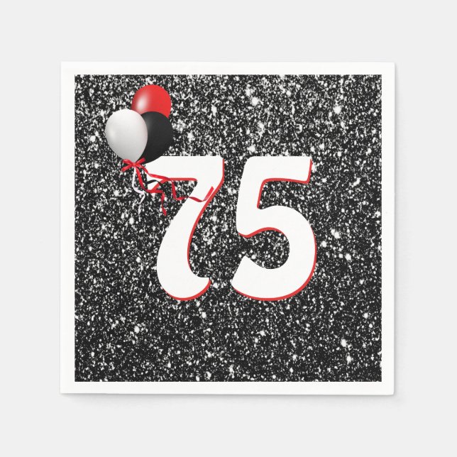 75th Birthday Balloons on Black Glitter Napkins (Front)
