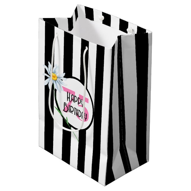 75th Birthday Black And White Stripes Medium Gift Bag (Front Angled)