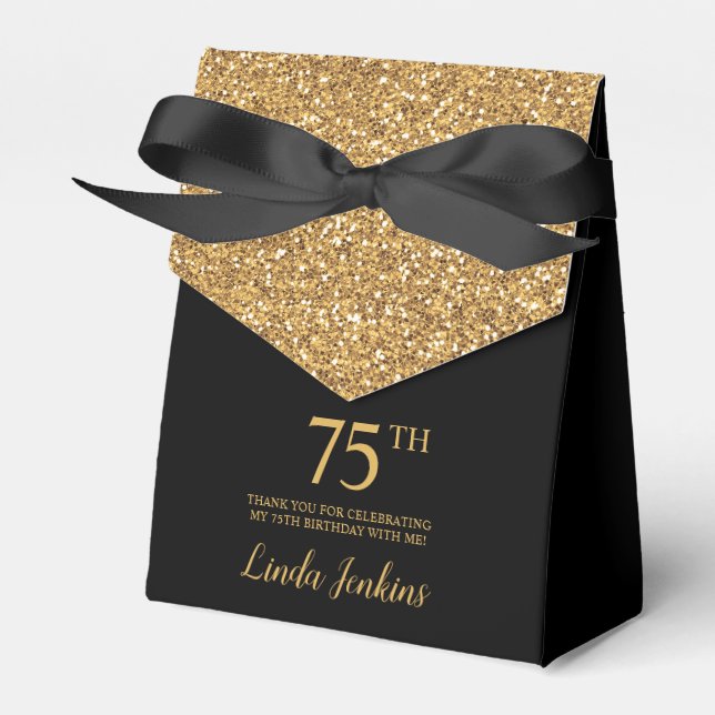 75th Birthday Black Gold Glitter Thank You Favor Box (Front Side)