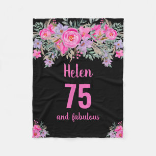 75th birthday black pink floral  fleece blanket