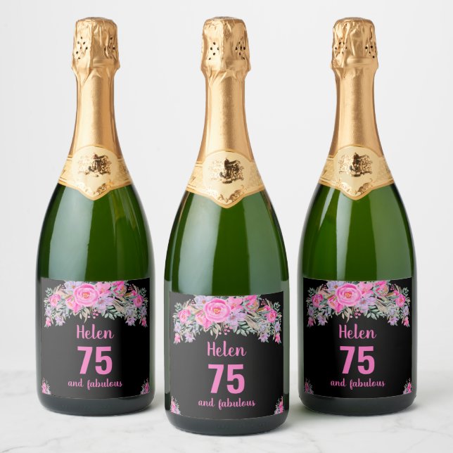 75th birthday black pink floral sparkling wine label (Bottles)