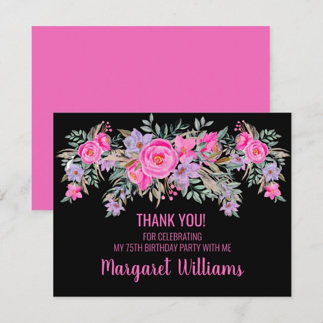 75th birthday black pink floral thank you card (Front/Back)