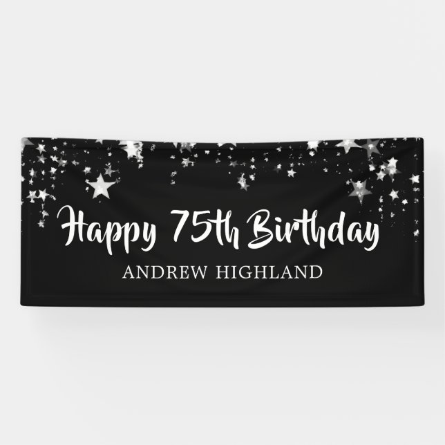 75th Birthday Black Silver Stars Personalized Banner (Horizontal)