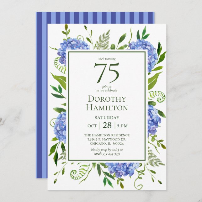 75th Birthday Blue Hydrangeas  Invitation (Front/Back)