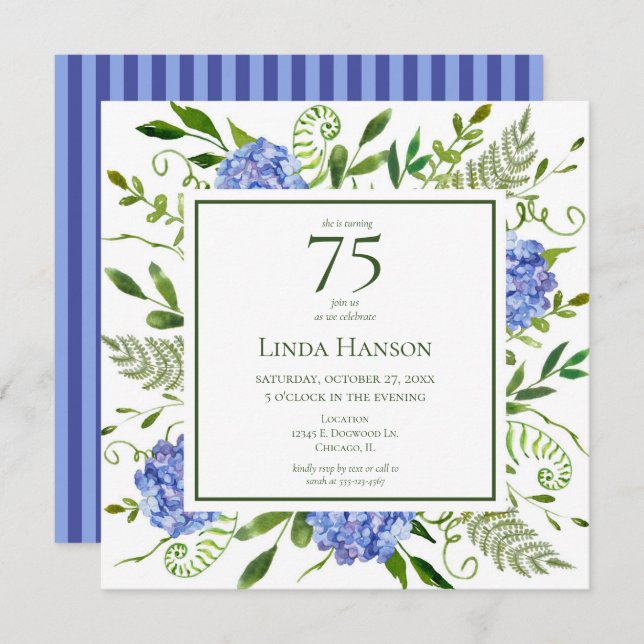 75th Birthday Blue Hydrangeas Invitation (Front/Back)