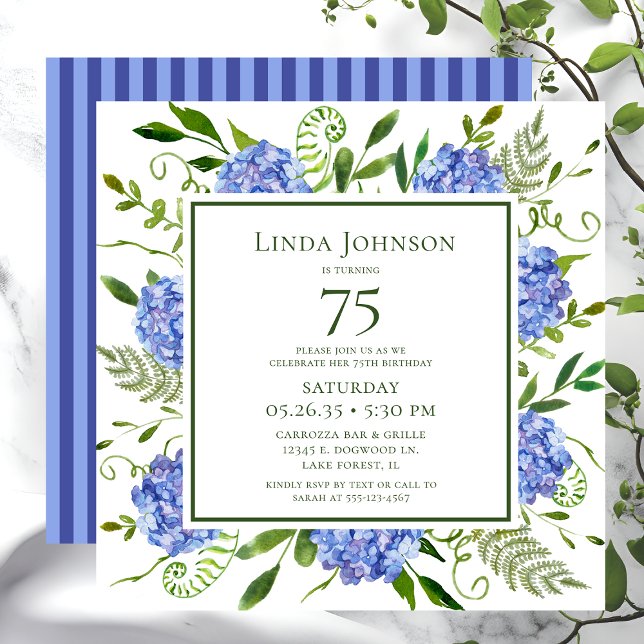 75th Birthday Blue Hydrangeas Invitation (Creator Uploaded)