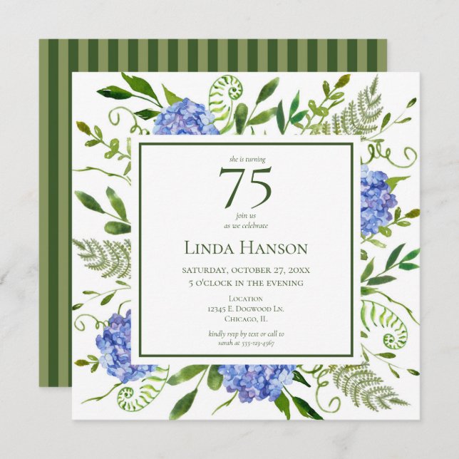 75th Birthday Blue Hydrangeas Invitation (Front/Back)