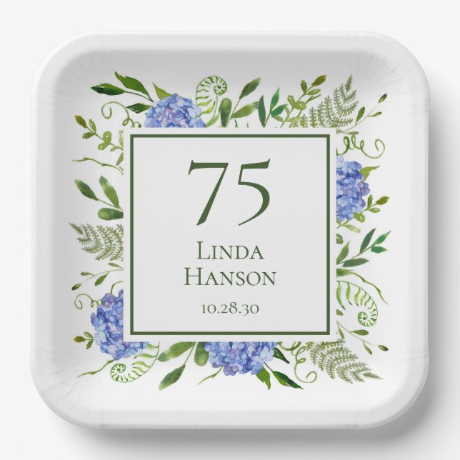 75th Birthday Blue Hydrangeas Paper Plate (Front)