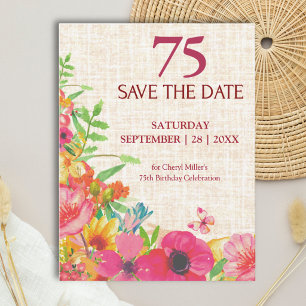 75th Birthday Bold Floral Linen Save the Date Announcement Postcard