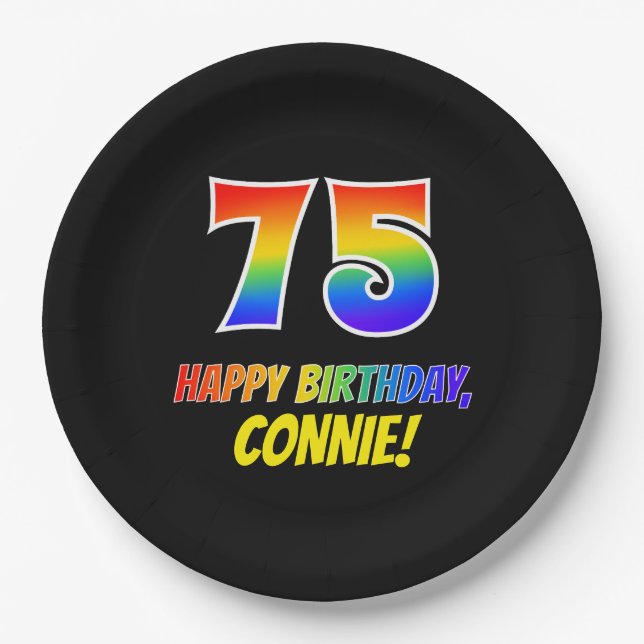 75th Birthday: Bold, Fun, Simple, Rainbow 75 Paper Plate (Front)