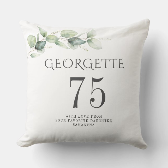 75th Birthday Botanical Eucalyptus Grandma Throw Pillow (Front)