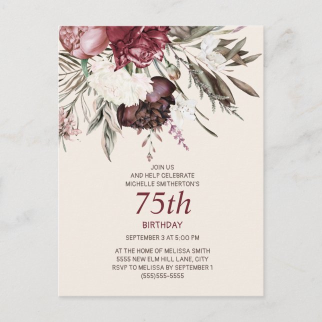 75th Birthday Burgundy Ivory Floral Cream Postcard (Front)