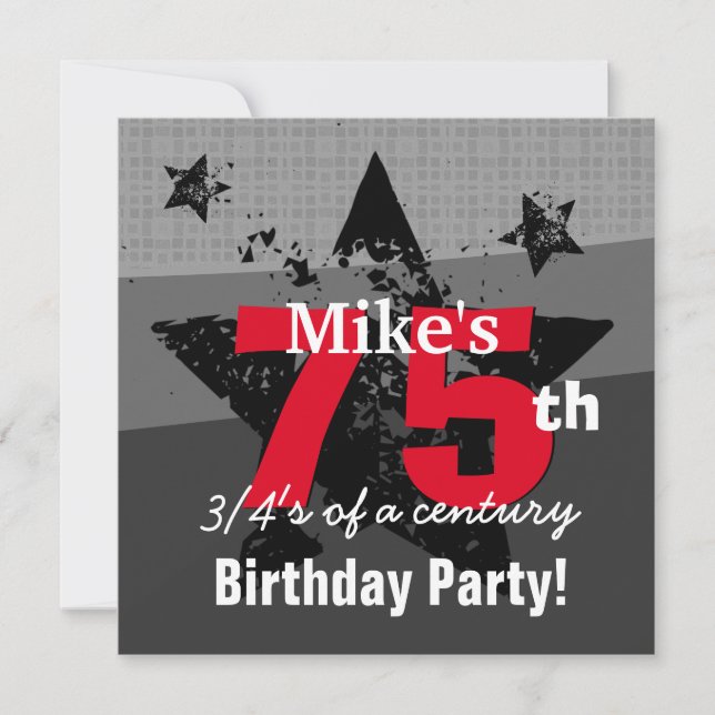 75th Birthday Charcoal and Red Grunge C75A1 Invitation (Front)