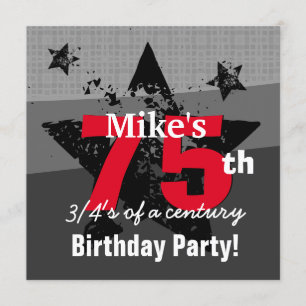 75th Birthday Charcoal and Red Grunge C75A1 Invitation
