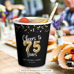 75th Birthday Cheers to 75 Years Black Gold Paper Cups