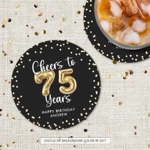 75th Birthday Cheers to 75 Years Black Gold Round Paper Coaster