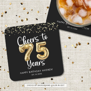 75th Birthday Cheers to 75 Years Black Gold Square Paper Coaster