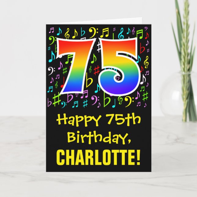 75th Birthday: Colorful Music Symbols + Rainbow 75 Card (Front)
