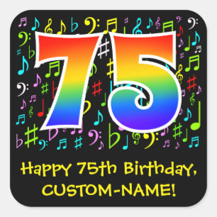 75th Birthday: Colorful Music Symbols, Rainbow 75 Square Sticker