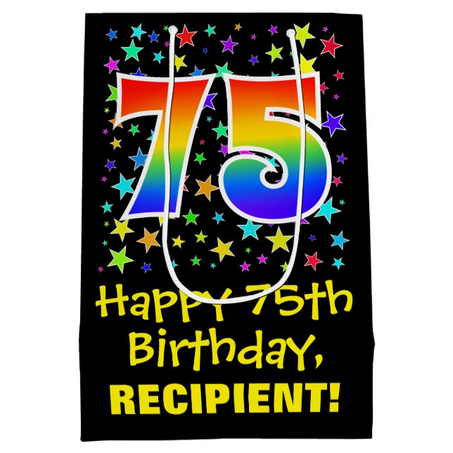 75th Birthday: Colourful Stars Pattern & Rainbow 7 Medium Gift Bag (Back)