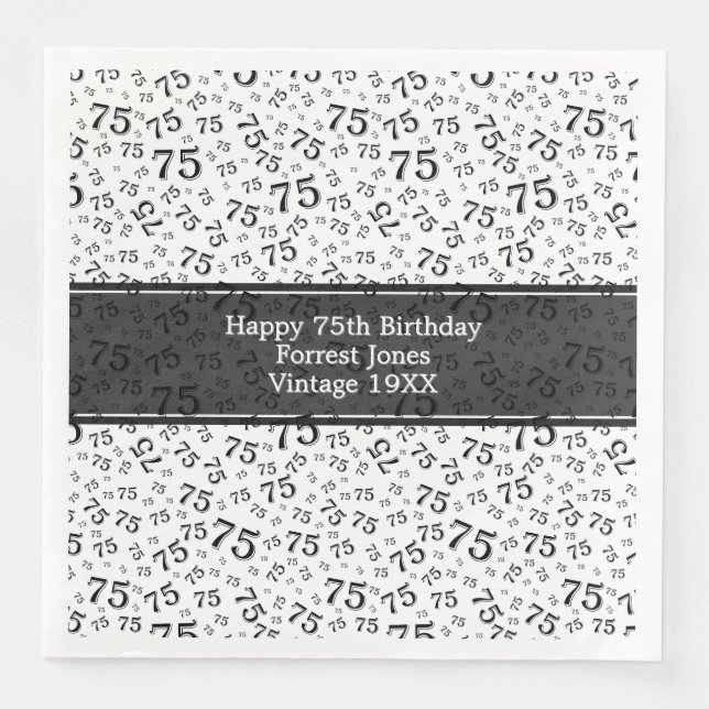 75th Birthday Cool Number Pattern Black/White Napkin (Front)