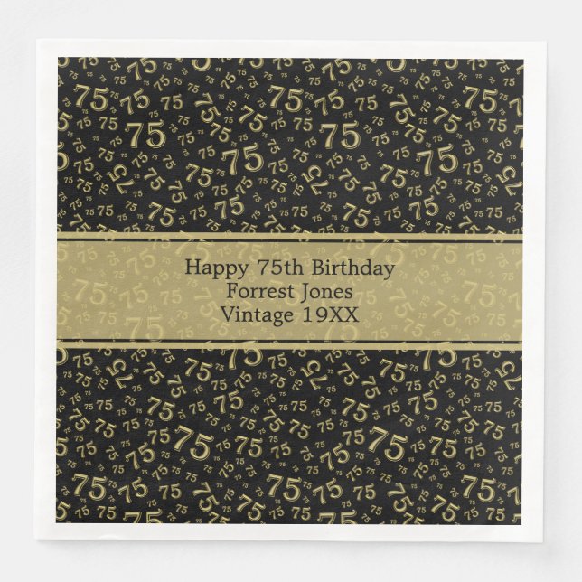 75th Birthday Cool Number Pattern Gold/Black Napkin (Front)