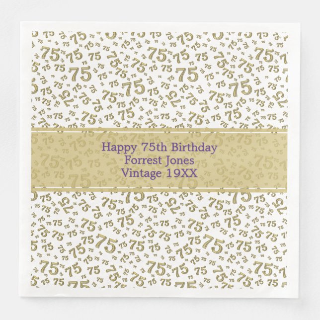 75th Birthday Cool Number Pattern Gold/White Napkin (Front)