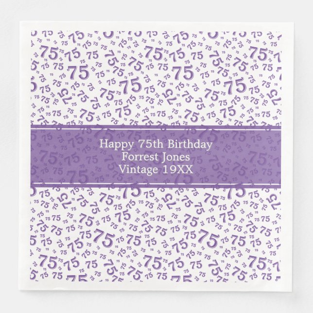 75th Birthday Cool Number Pattern Purple/White Napkin (Front)
