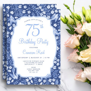 75th Birthday Elegant Feminine Floral Blue Bird Invitation