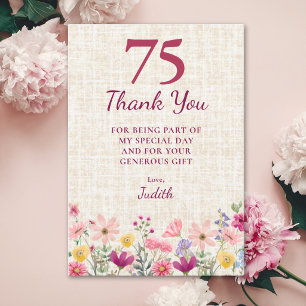 75th Birthday Elegant Pink Floral Appreciation Thank You Card