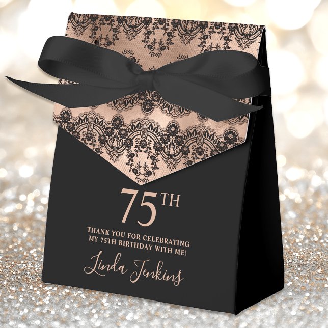 75th Birthday Elegant Rose Gold Black Lace Favor Box (Creator Uploaded)