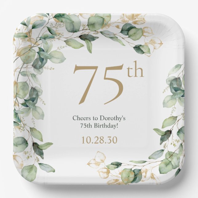 75th Birthday Eucalyptus Paper Plate (Front)