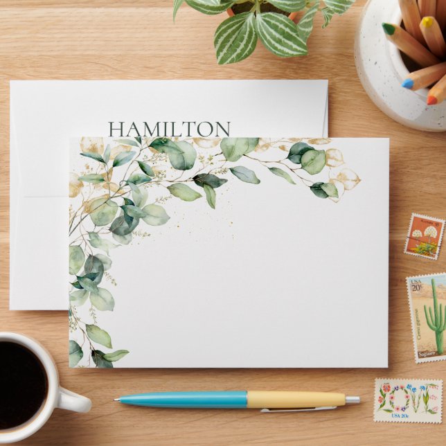 75th Birthday Eucalyptus Return Address Envelope (Desk)