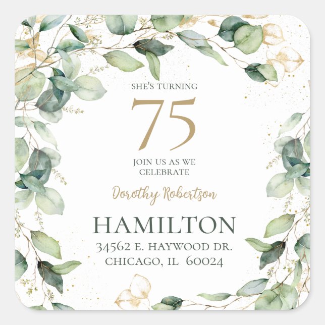 75th Birthday Eucalyptus Return Address Square Sticker (Front)