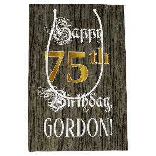75th Birthday: Faux Gold Look & Faux Wood Pattern Medium Gift Bag