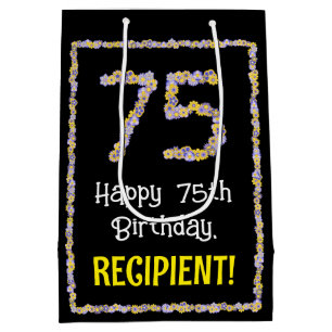 75th Birthday: Floral Flowers Number, Custom Name Medium Gift Bag