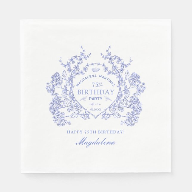 75th Birthday French Blue Floral Crest Custom Napkin (Front)