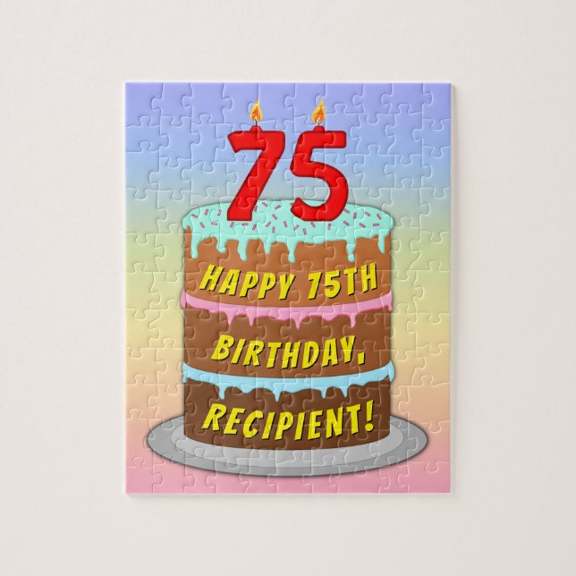 75th Birthday: Fun Cake and Candles + Custom Name Jigsaw Puzzle (Vertical)