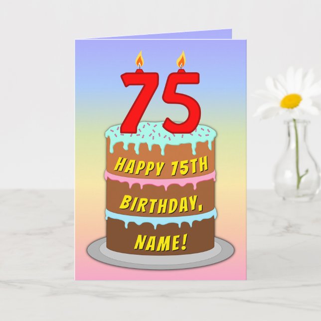 75th Birthday — Fun Cake & Candles, w/ Custom Name Card (Small Plant)