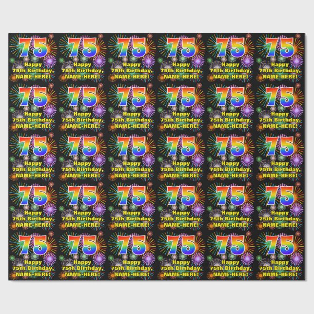 75th Birthday: Fun Fireworks, Rainbow Look # “75” Wrapping Paper (Flat)
