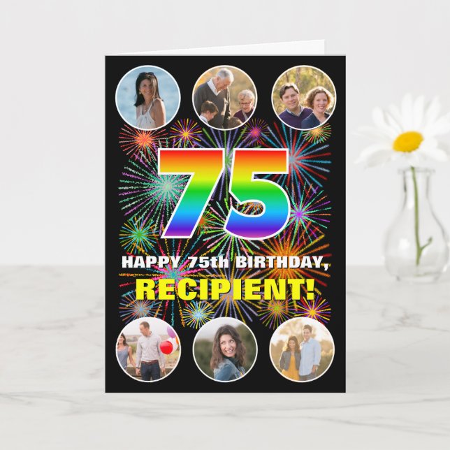 75th Birthday: Fun Rainbow #, Custom Name & Photos Card (Small Plant)